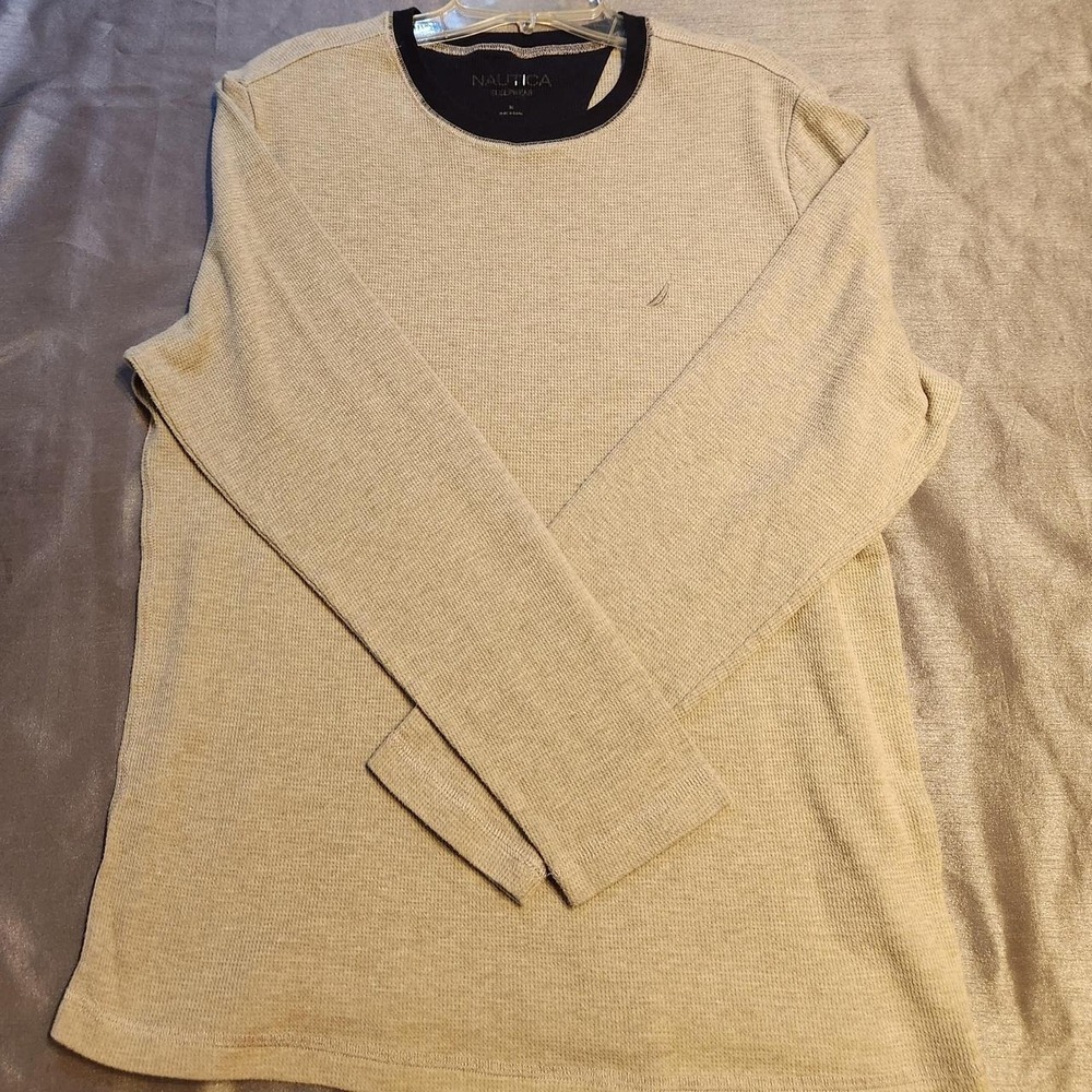 Nautica Mens Sleepwear Waffle Knit Thermal Long Sleeve Shirt Tan Khaki Size M